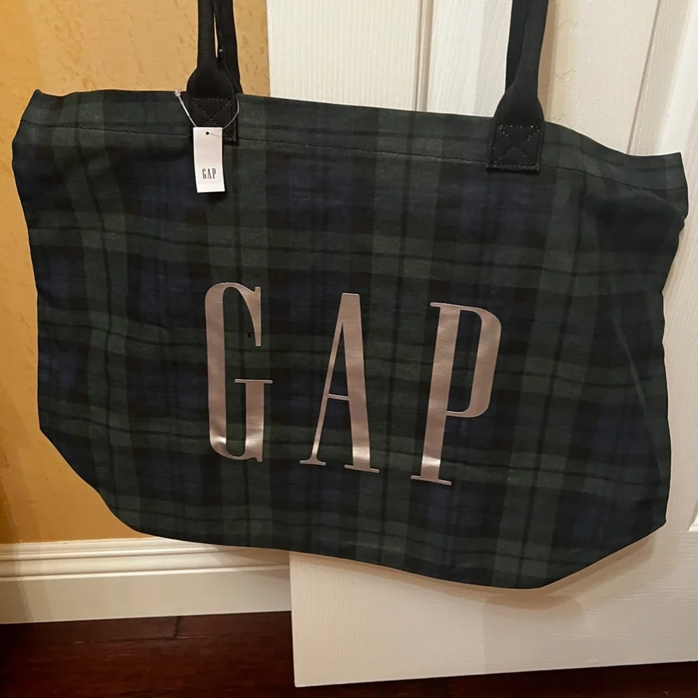 NEW Gap Tote Bag Tartan Plaid Green Silver Logo Cotton 16 x 11 x 4.5 inches - Picture 1 of 3